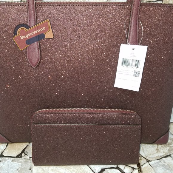 ✨ Shimmy Glitter Top Zip Tote Shoulder Bag Deep Nova Burgundy Wallet Kate spade - Picture 8 of 16
